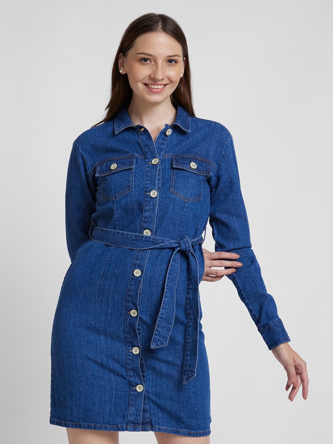 

SPYKAR Shirt Collar Tie Ups Cotton Denim Shirt Dress, Blue