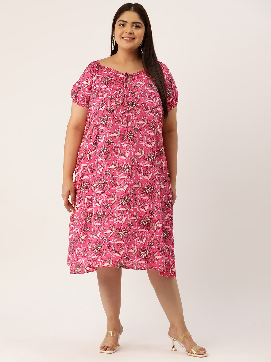 

theRebelinme Plus Size Floral Print Puff Sleeve A-Line Cotton Midi Dress, Pink