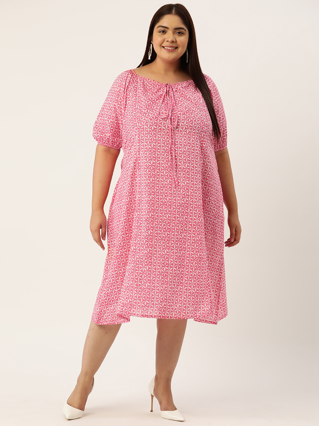 

theRebelinme Plus Size Floral Print Tie-Up Neck Puff Sleeve A-Line Cotton Midi Dress, Pink