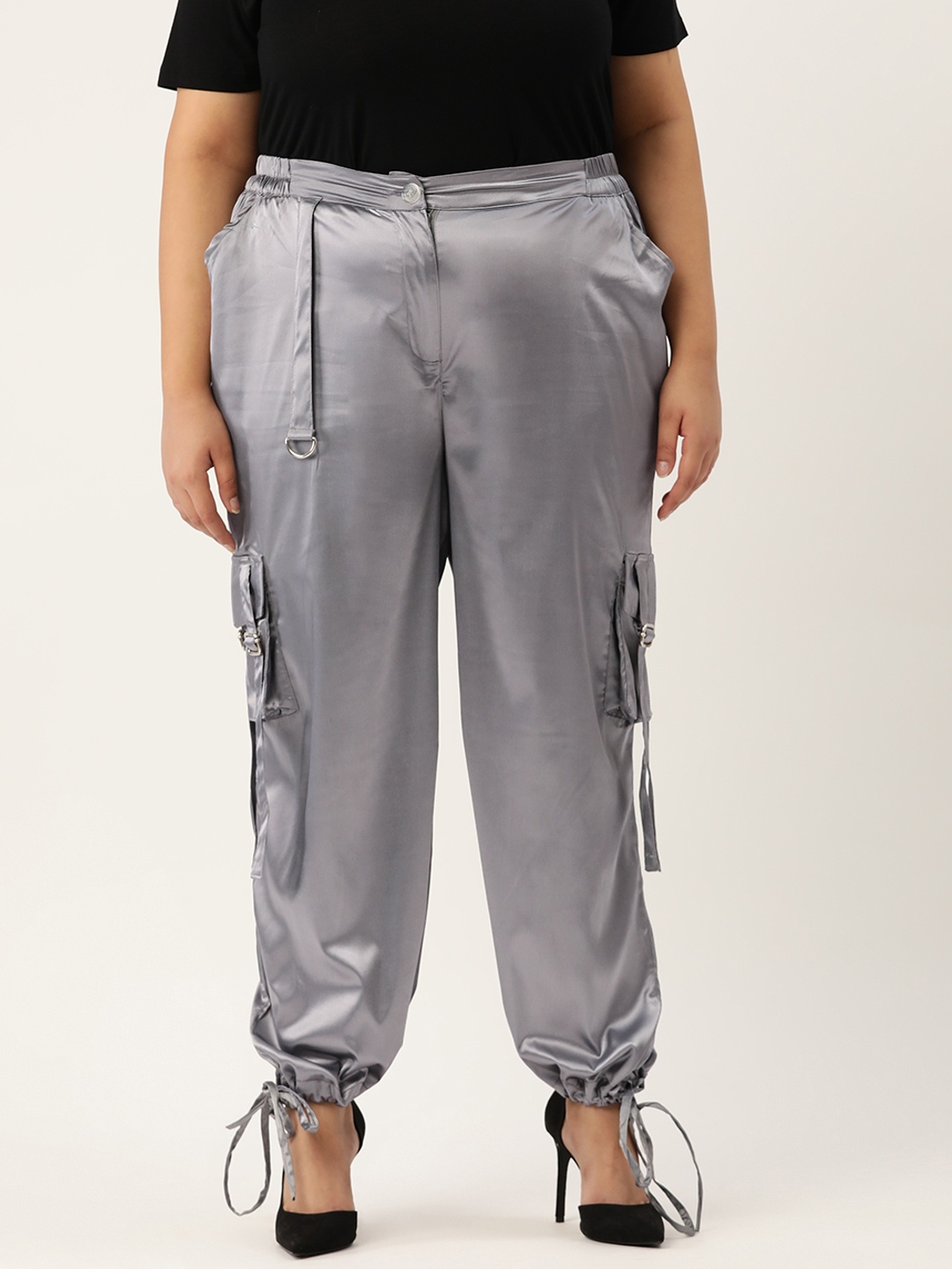 

theRebelinme Women Plus Size Smart High-Rise Easy Wash Cargos Trousers, Grey