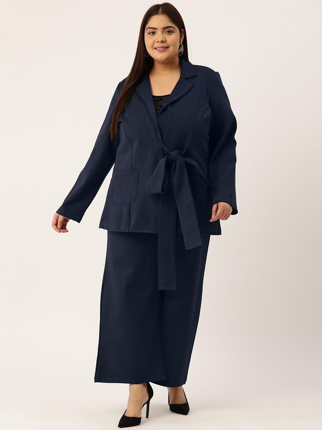 

theRebelinme Women Plus Size Solid Coat with Trousers, Navy blue