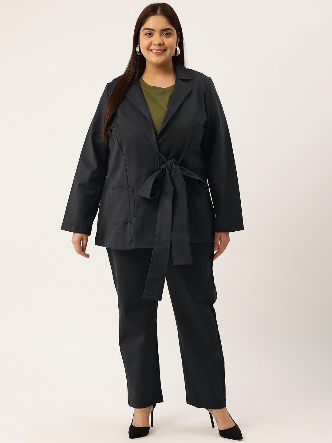 

theRebelinme Women Plus Size Solid Coat with Trousers, Grey