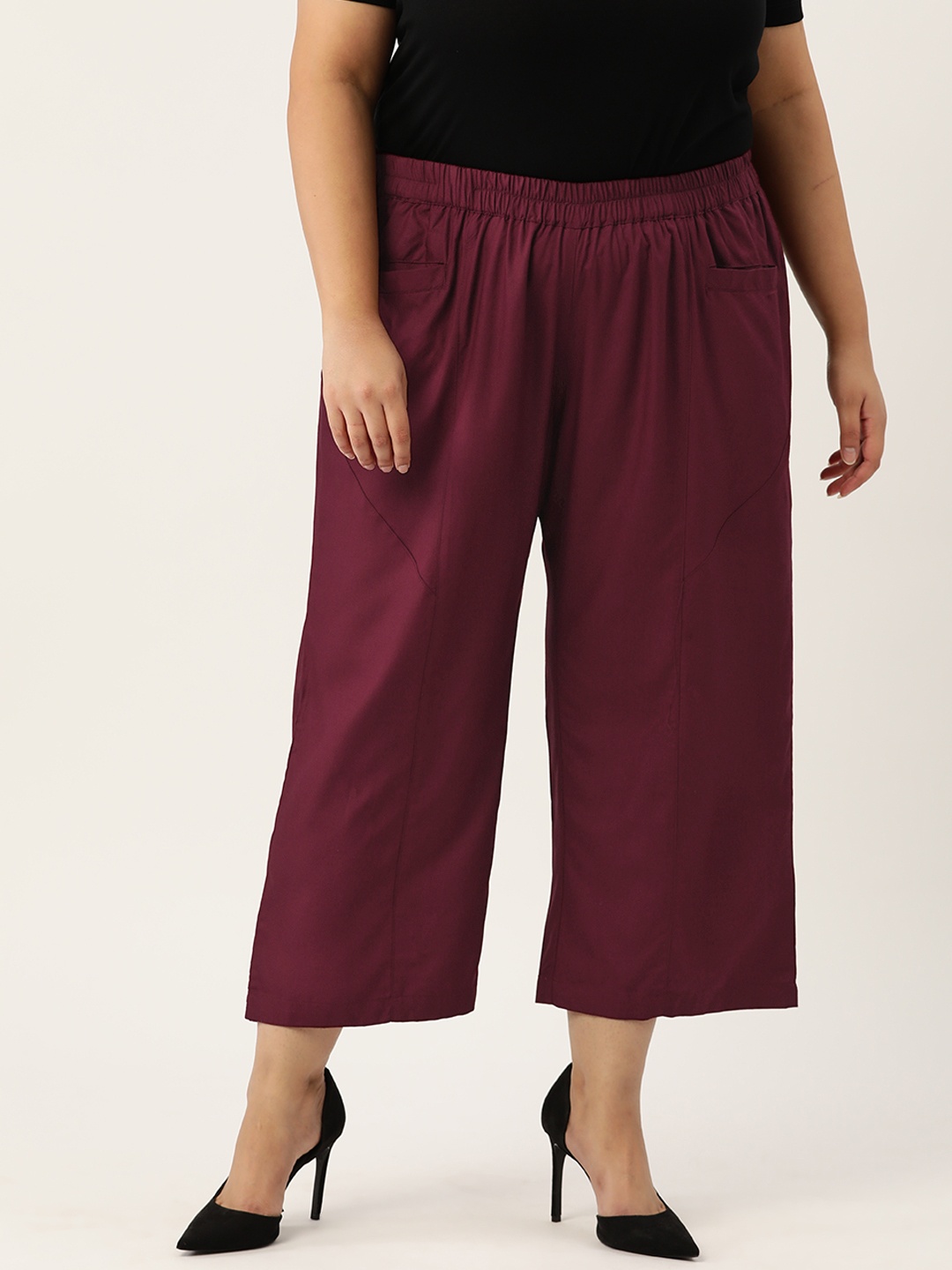 

theRebelinme Women Plus Size Relaxed High-Rise Easy Wash Trousers, Burgundy
