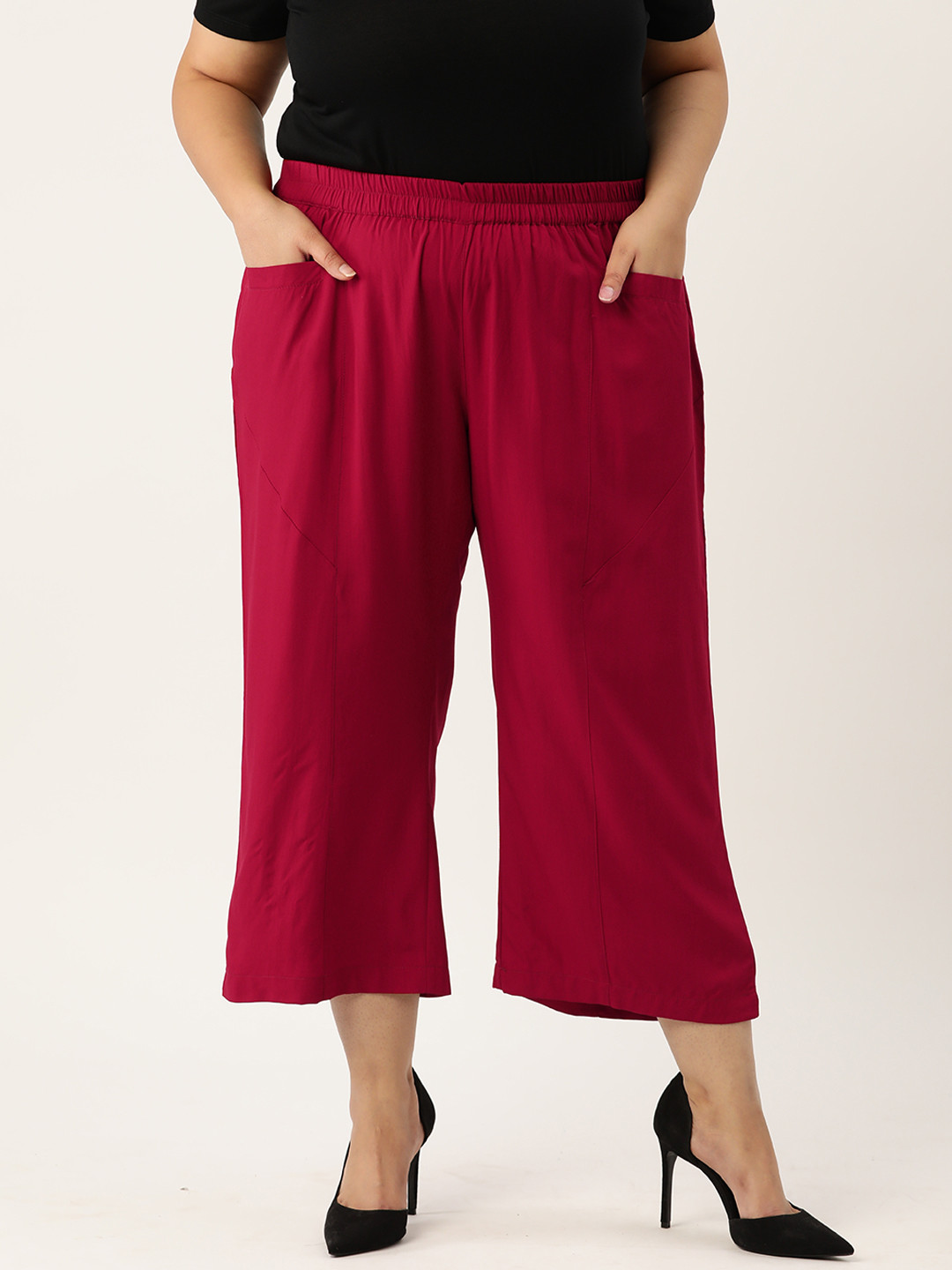 

theRebelinme Women Plus Size Relaxed High-Rise Easy Wash Trousers, Red