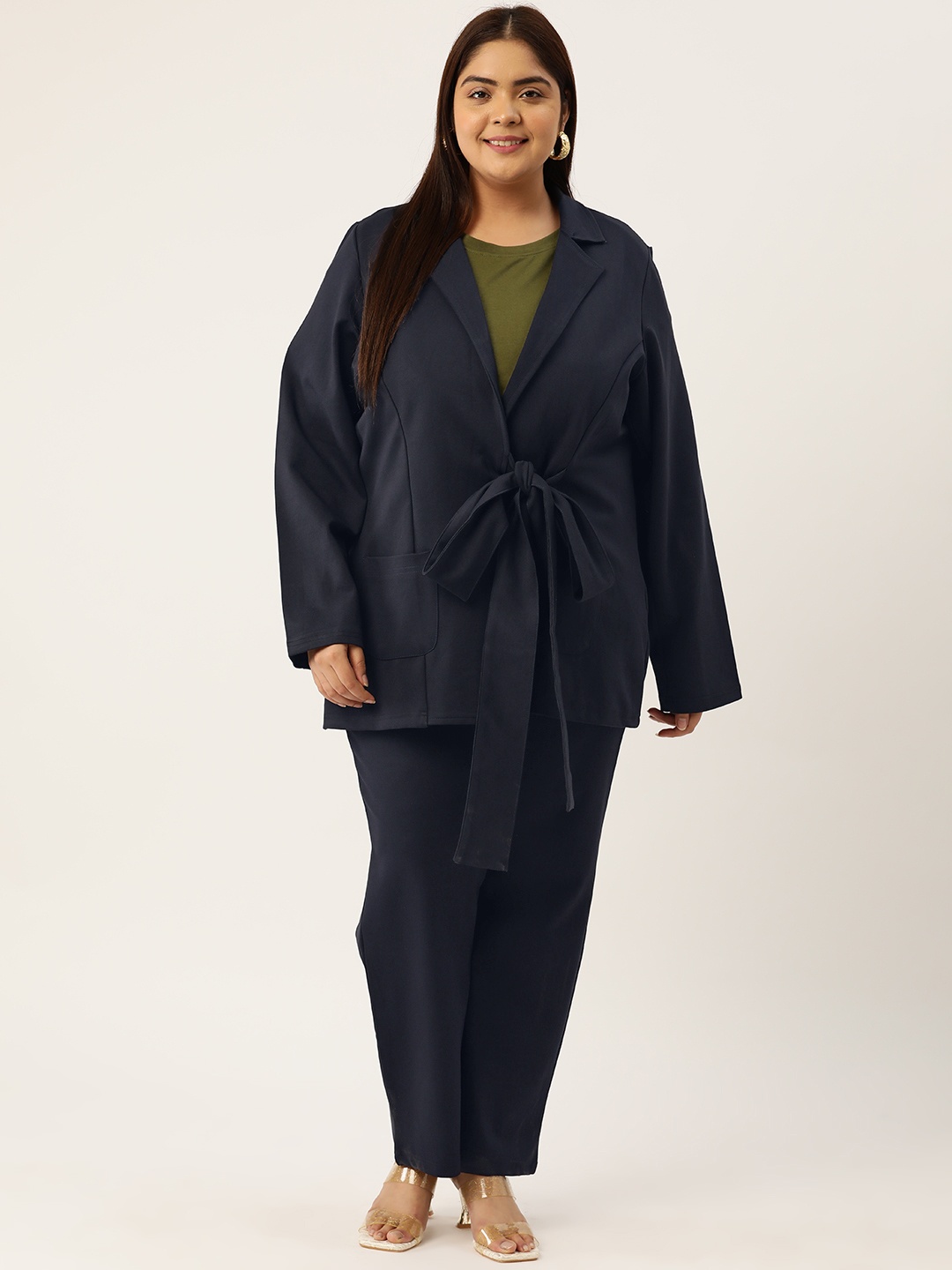 

theRebelinme Women Plus Size Solid Coat with Trousers, Navy blue