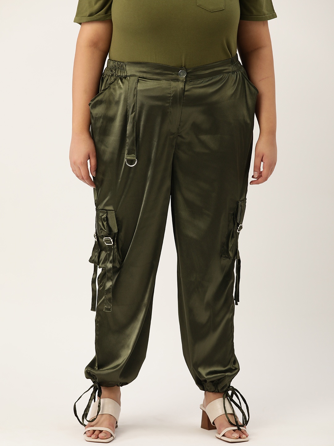 

theRebelinme Women Plus Size Smart High-Rise Easy Wash Cargos Trousers, Olive