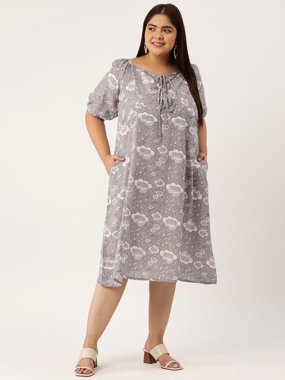 

theRebelinme Plus Size Floral Print Puff Sleeve A-Line Cotton Midi Dress, Grey