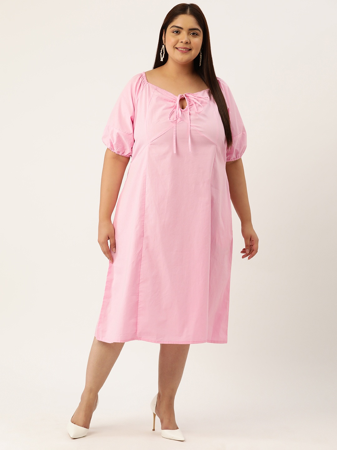 

theRebelinme Plus Size Tie-Up Neck Puff Sleeve A-Line Cotton Midi Dress, Pink