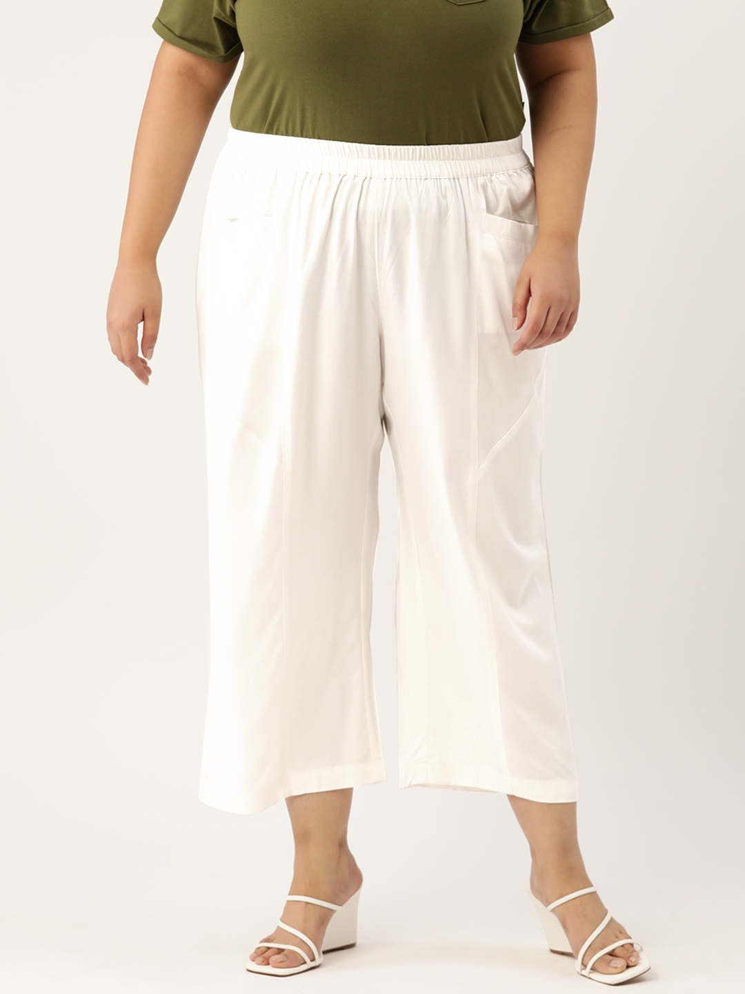 

theRebelinme Women Plus Size Relaxed High-Rise Easy Wash Trousers, White
