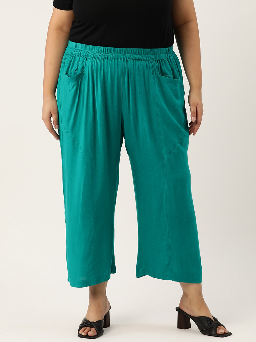 

theRebelinme Women Plus Size Relaxed High-Rise Easy Wash Trousers, Teal