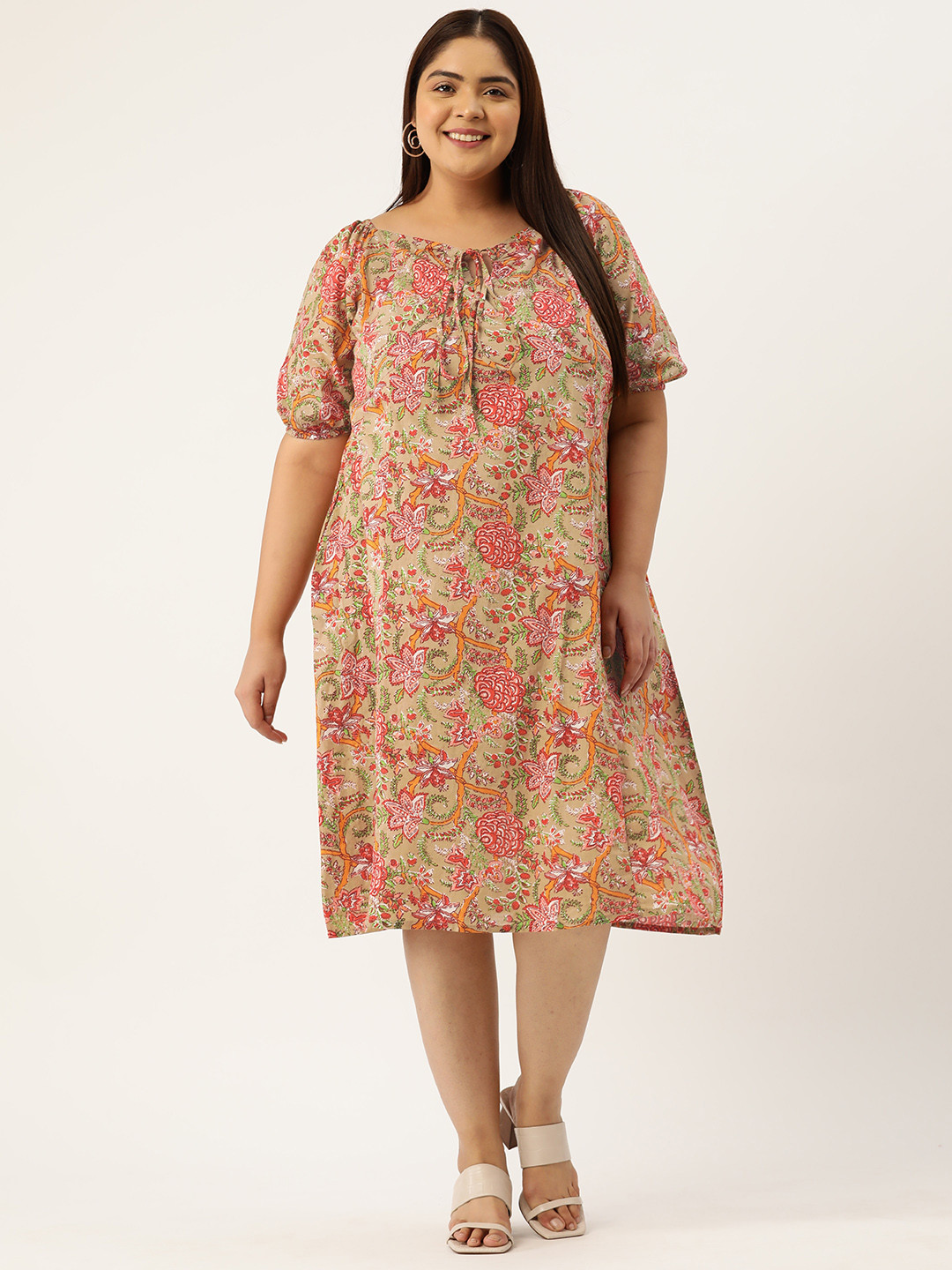 

theRebelinme Plus Size Floral Print Tie-Up Neck Puff Sleeve A-Line Cotton Midi Dress, Green