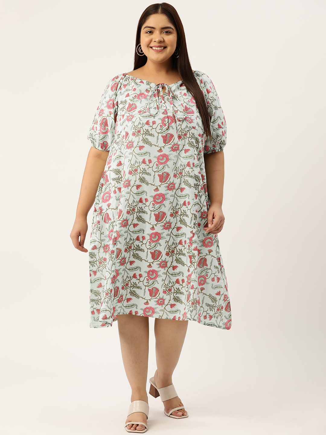 

theRebelinme Floral Print Puff Sleeve A-Line Cotton Midi Dress, Sea green