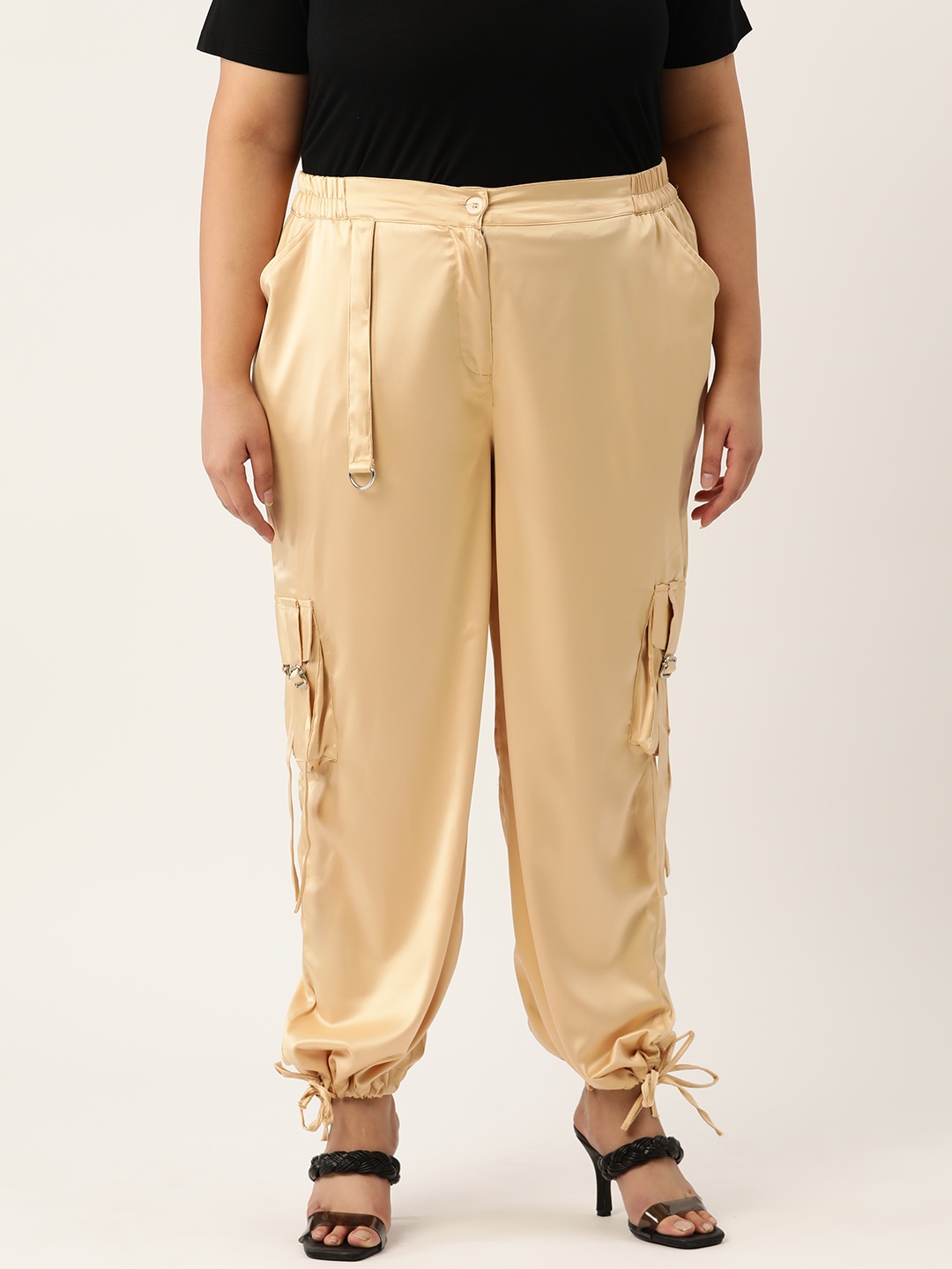 

theRebelinme Women Plus Size Smart High-Rise Easy Wash Cargos Trousers, Beige