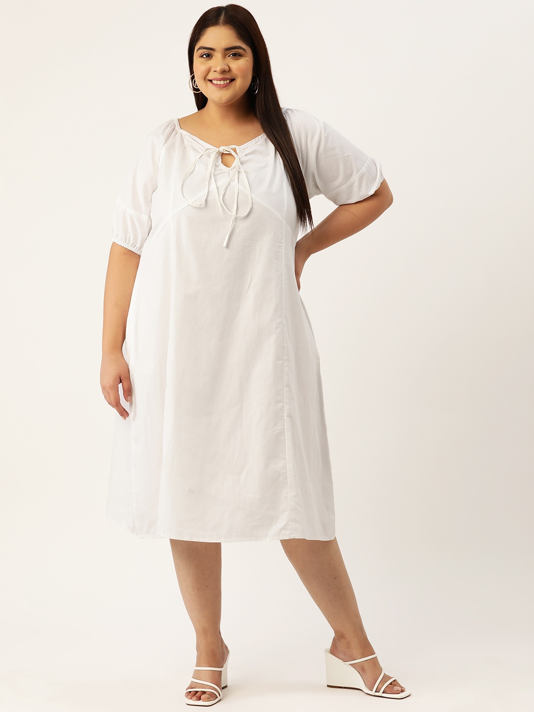

theRebelinme Plus Size Puff Sleeve A-Line Cotton Midi Dress, White