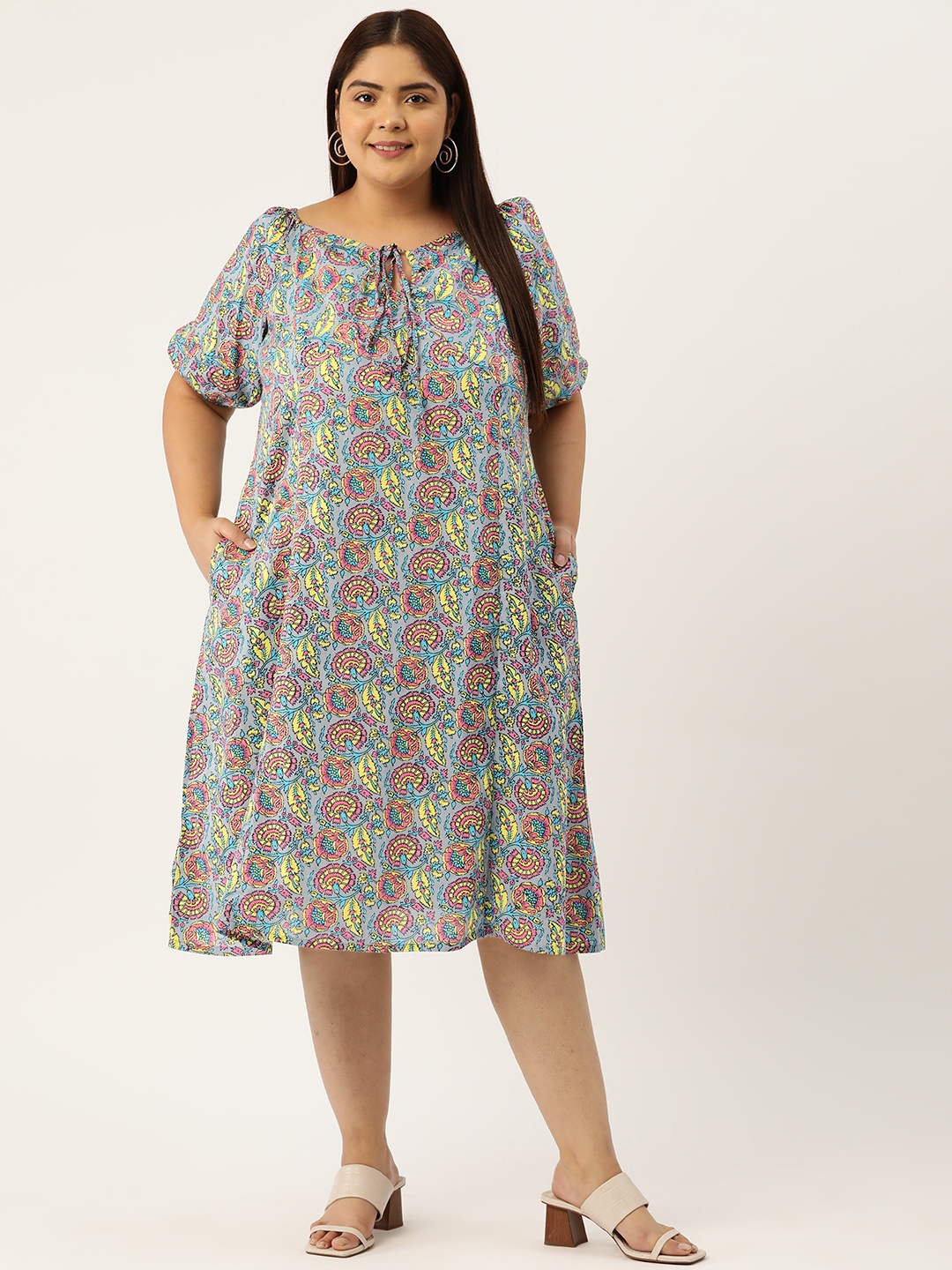 

theRebelinme Plus Size Floral Print Puff Sleeve A-Line Cotton Midi Dress, Grey