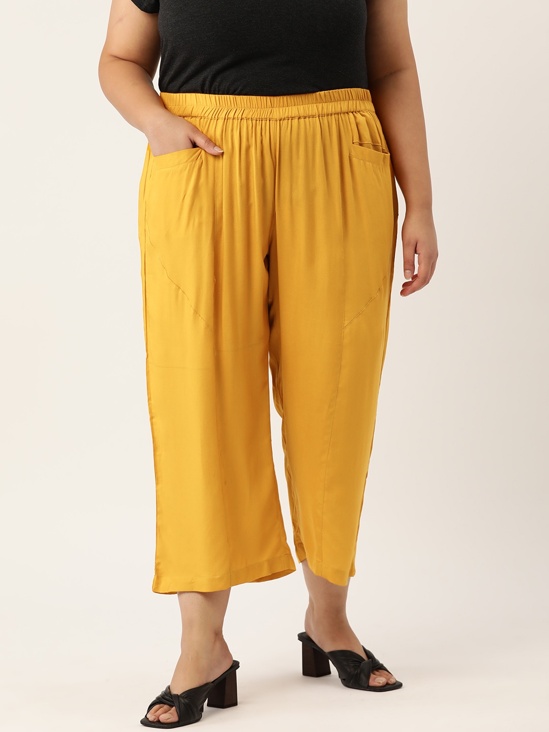 

theRebelinme Women Plus Size Relaxed High-Rise Easy Wash Trousers, Mustard