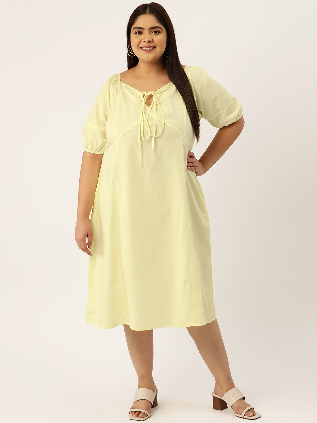 

theRebelinme Plus Size Tie-Up Neck Puff Sleeve A-Line Cotton Midi Dress, Cream
