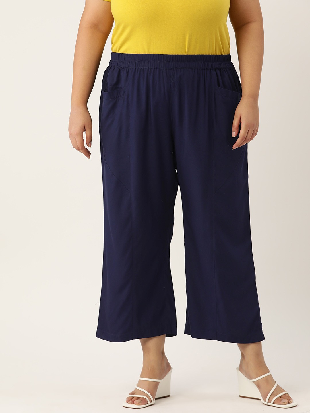 

theRebelinme Women Plus Size Relaxed High-Rise Easy Wash Trousers, Navy blue