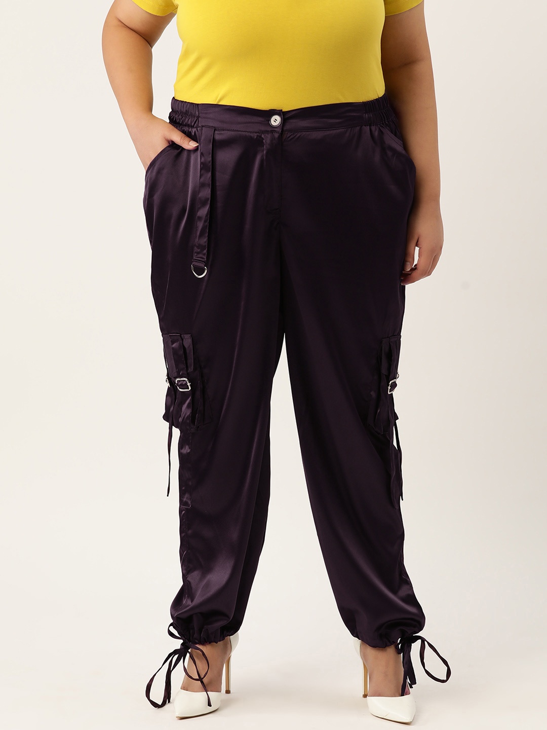 

theRebelinme Women Plus Size Smart High-Rise Easy Wash Cargos Trousers, Burgundy