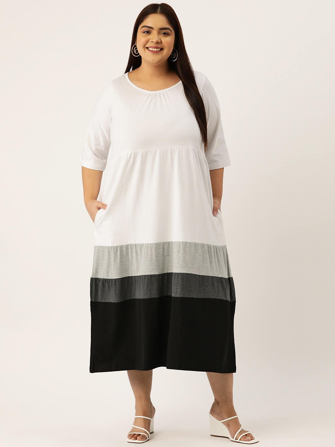 

theRebelinme Plus Size Colourblocked A-Line Cotton Midi Dress, White