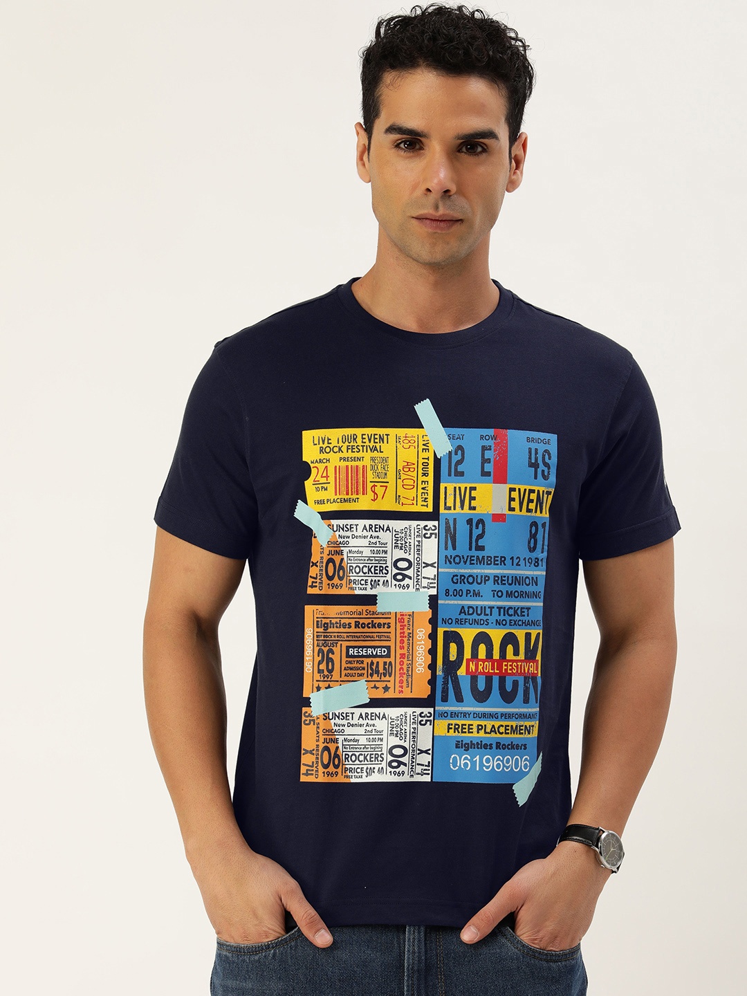 

Parx Printed Pure Cotton T-shirt, Navy blue