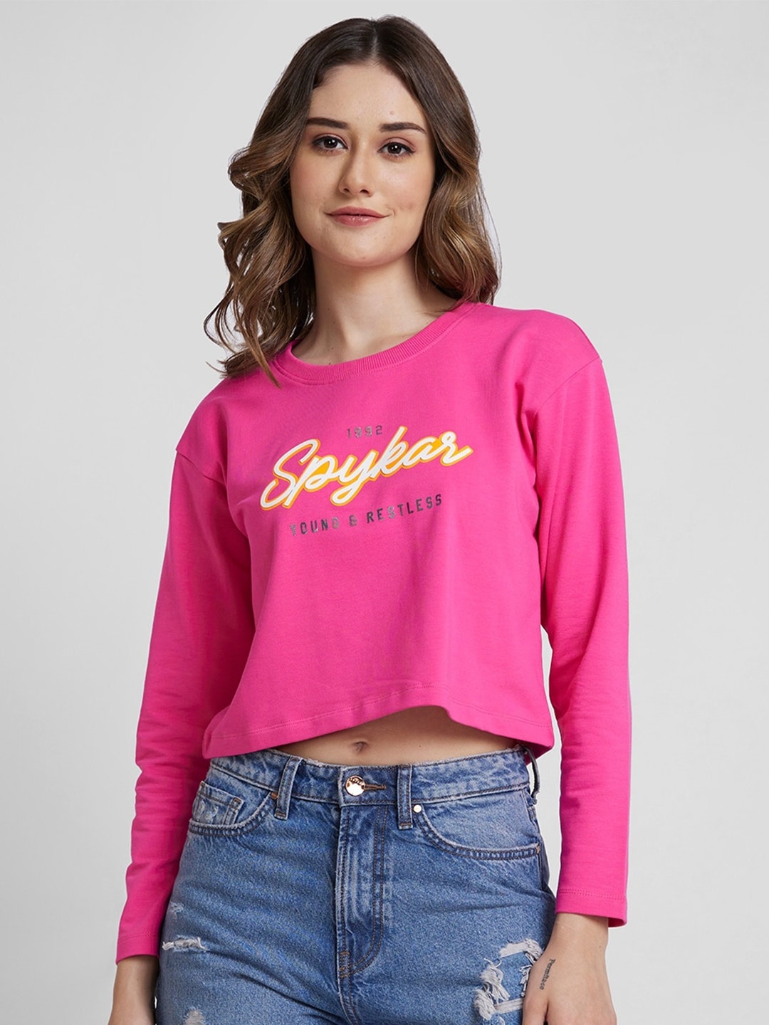 

SPYKAR Boxy Fit Round Neck Typography Printed Crop Cotton Pullover Sweatshirt, Pink