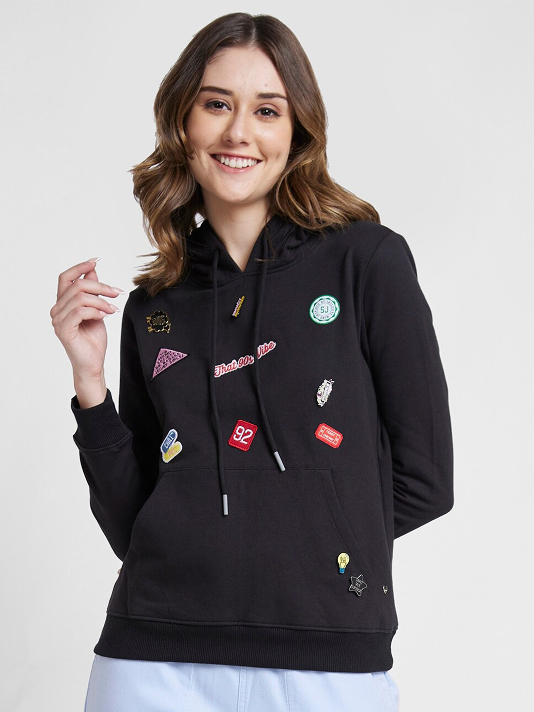 

SPYKAR Applique Hooded Cotton Sweatshirts, Black
