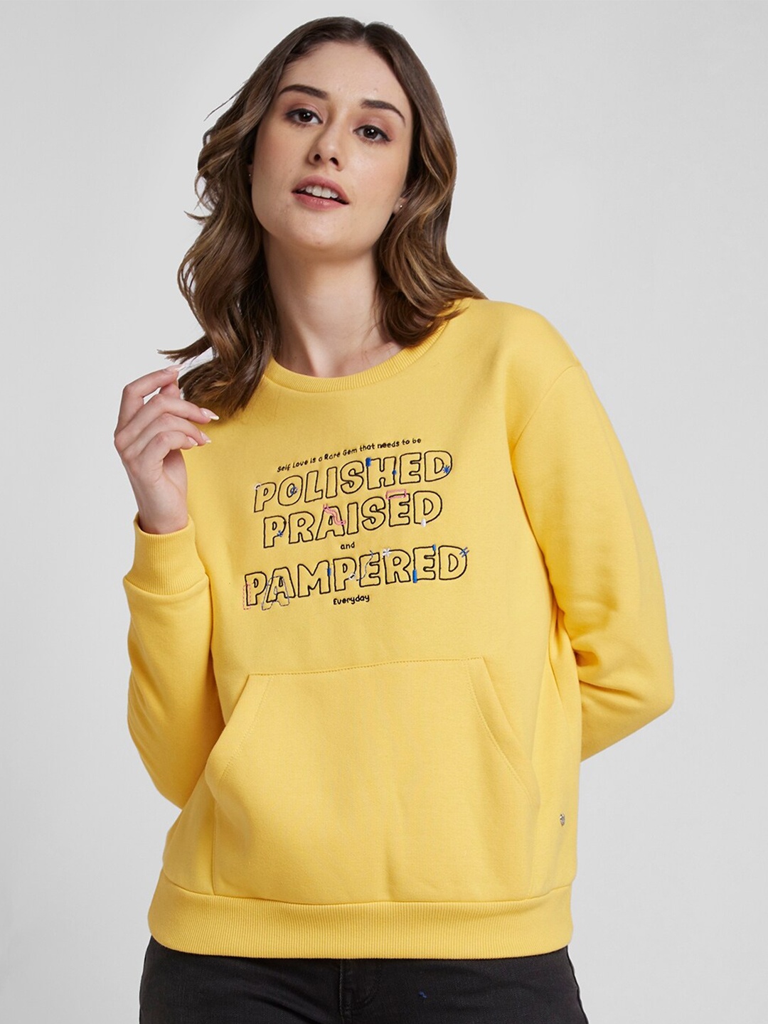 

SPYKAR Typography Printed Drop Shoulder Sleeves Cotton Sweatshirt, Yellow