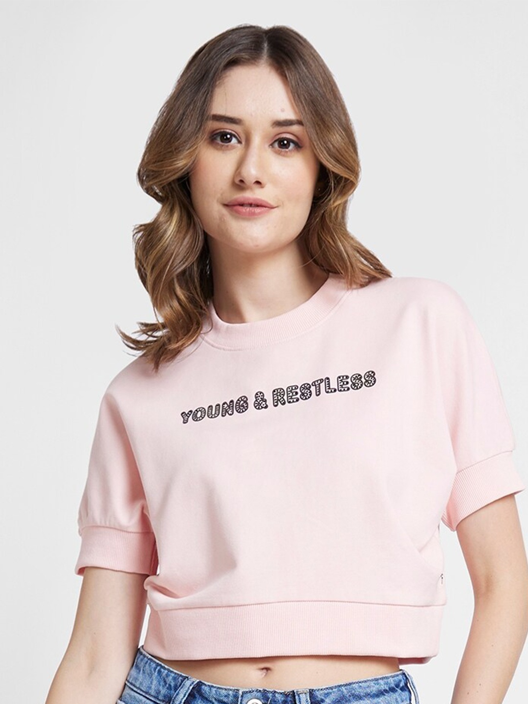 

SPYKAR Typography Printed Crop Sweatshirt, Pink