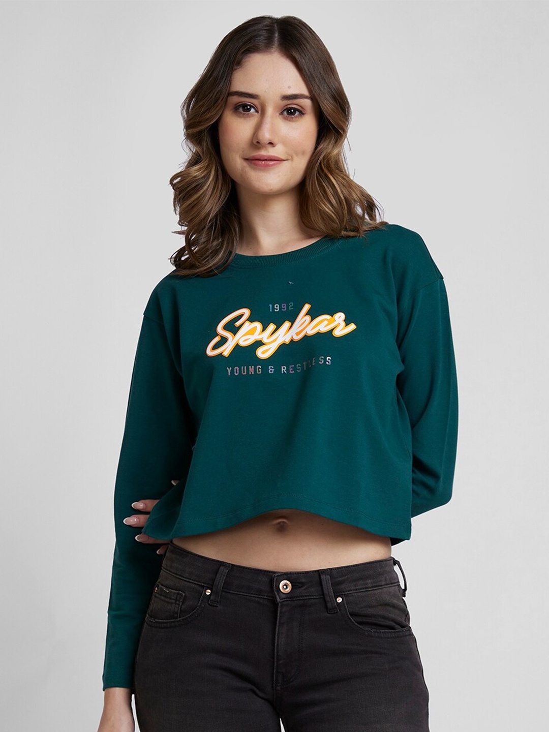 

SPYKAR Brand Logo Printed Boxy T-Shirt, Teal