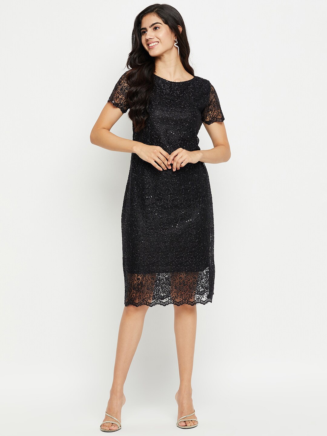 

Ruhaans Floral Embroidered Sequinned Net Sheath Dress, Black