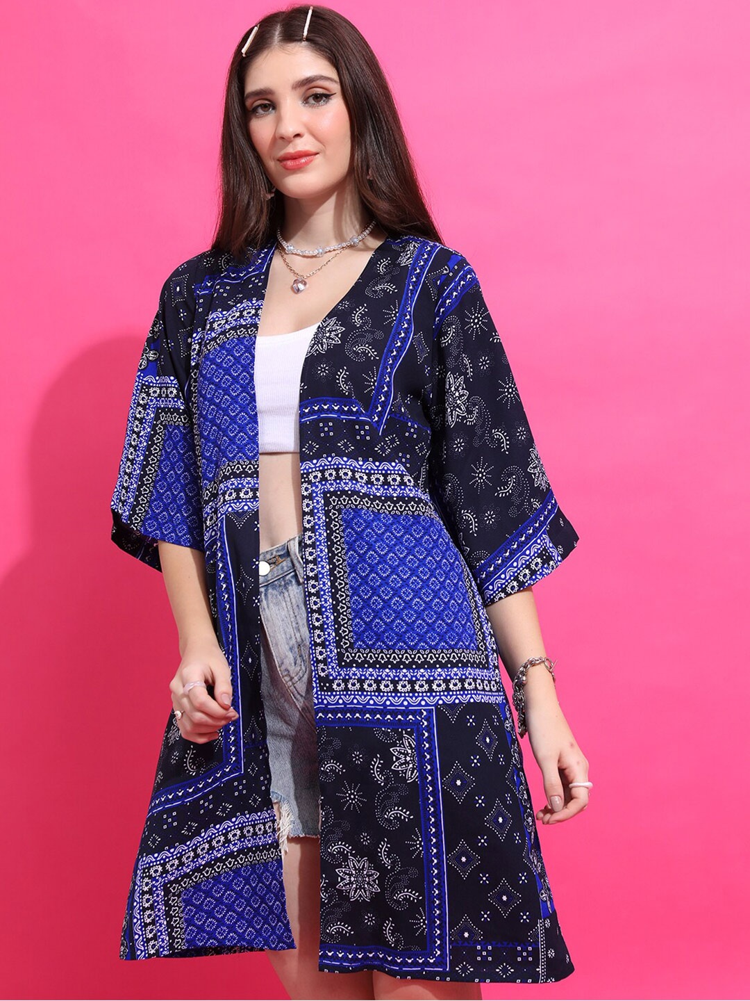 

Tokyo Talkies Blue & Black Printed Longline Bohemian Shrug