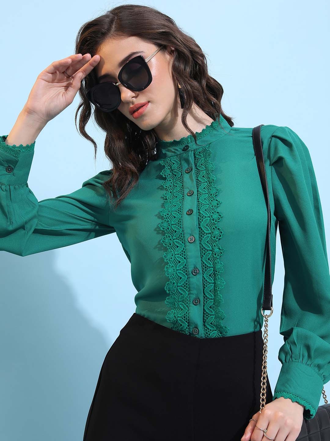 

Tokyo Talkies Green Self Design High Neck Lace Inserts Shirt Stye Top