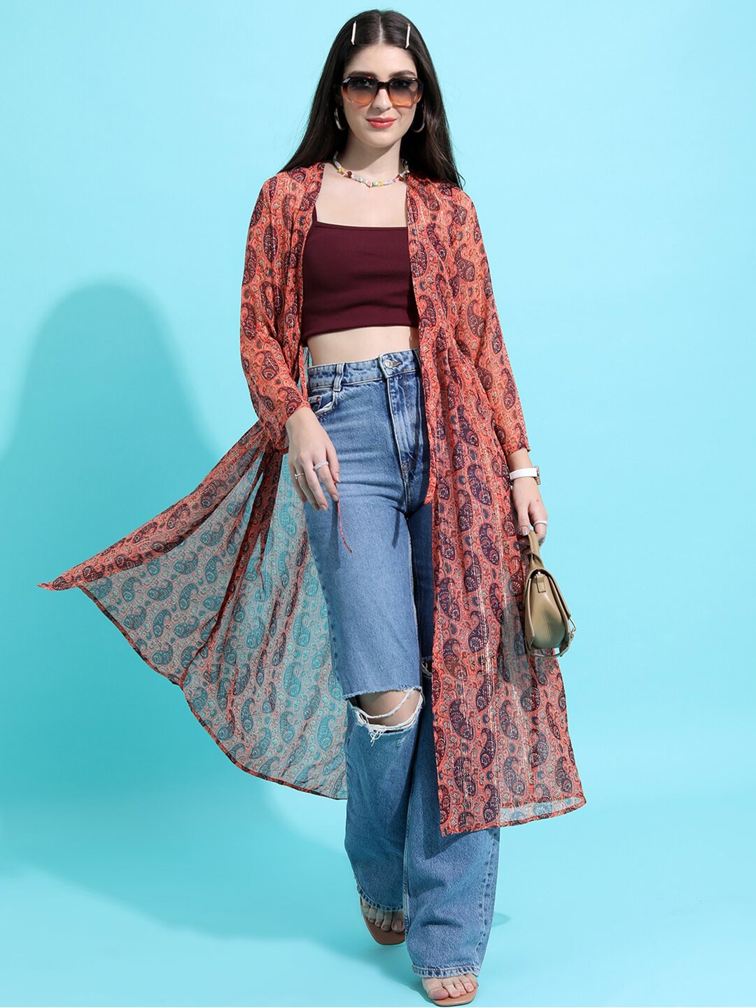 

Tokyo Talkies Maroon & Brown Printed Longline Shrug