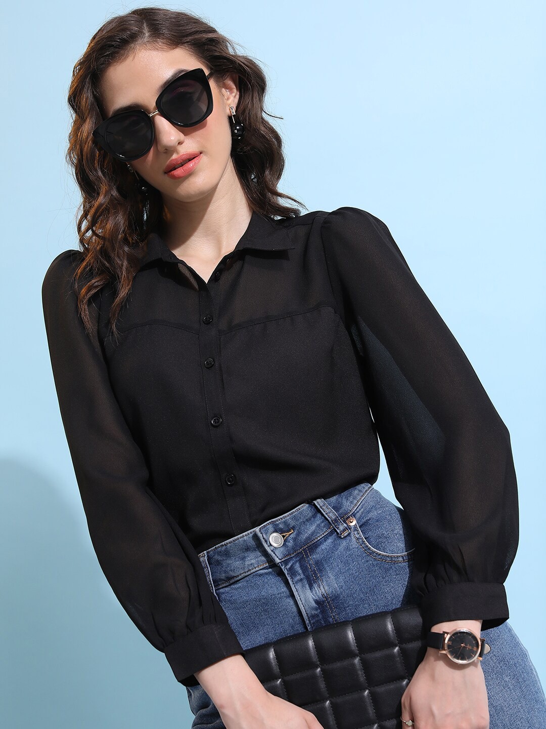 

CHIC BY TOKYO TALKIES Shirt Collar Puff Sleeve Shirt Style Top, Black
