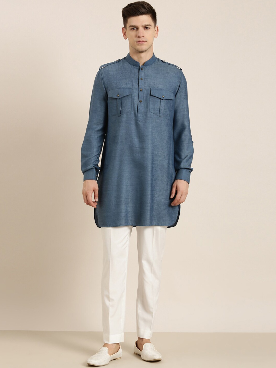 

TheEthnic.Co Mandarin Collar Pure Cotton Kurta With Trousers, Blue