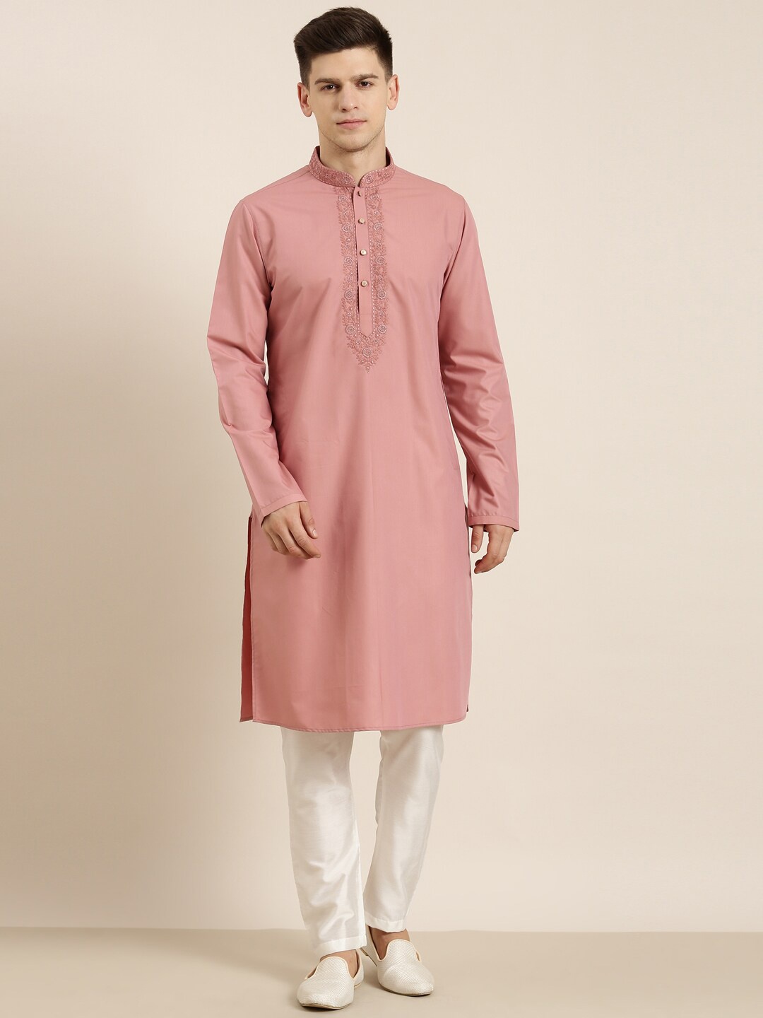 

TheEthnic.Co Floral Yoke Design Regular Thread Work Pure Cotton Kurta with Pyjama, Rose