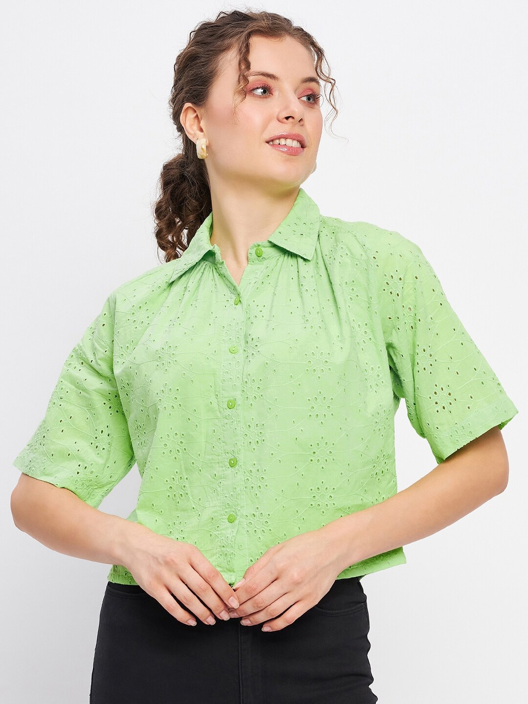 

DELAN Self Design Shirt Collar Cotton Schiffli Shirt Style Top, Green