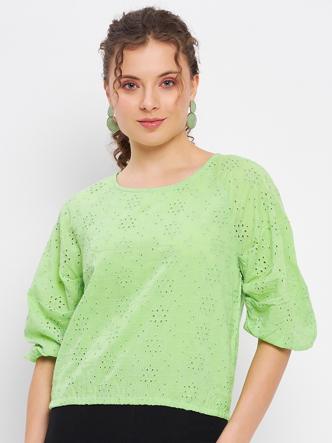

DELAN Puff Sleeve Twisted Cotton Schiffli Top, Green