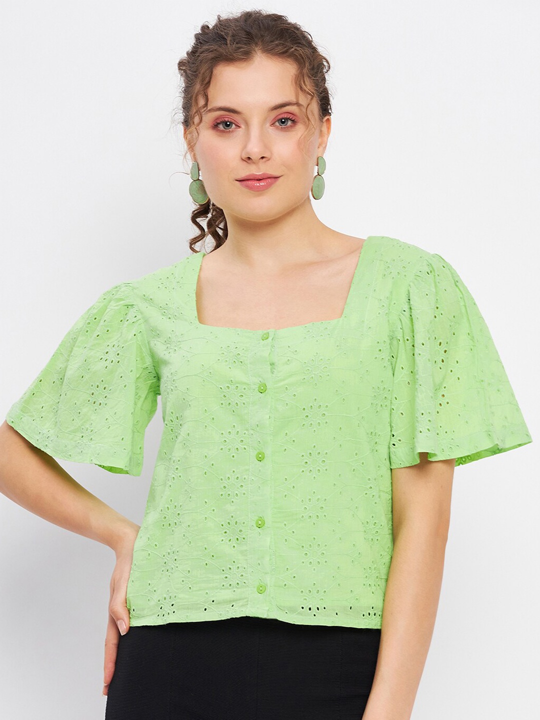 

DELAN Square Neck Flared Sleeve Cotton Schiffli Top, Green