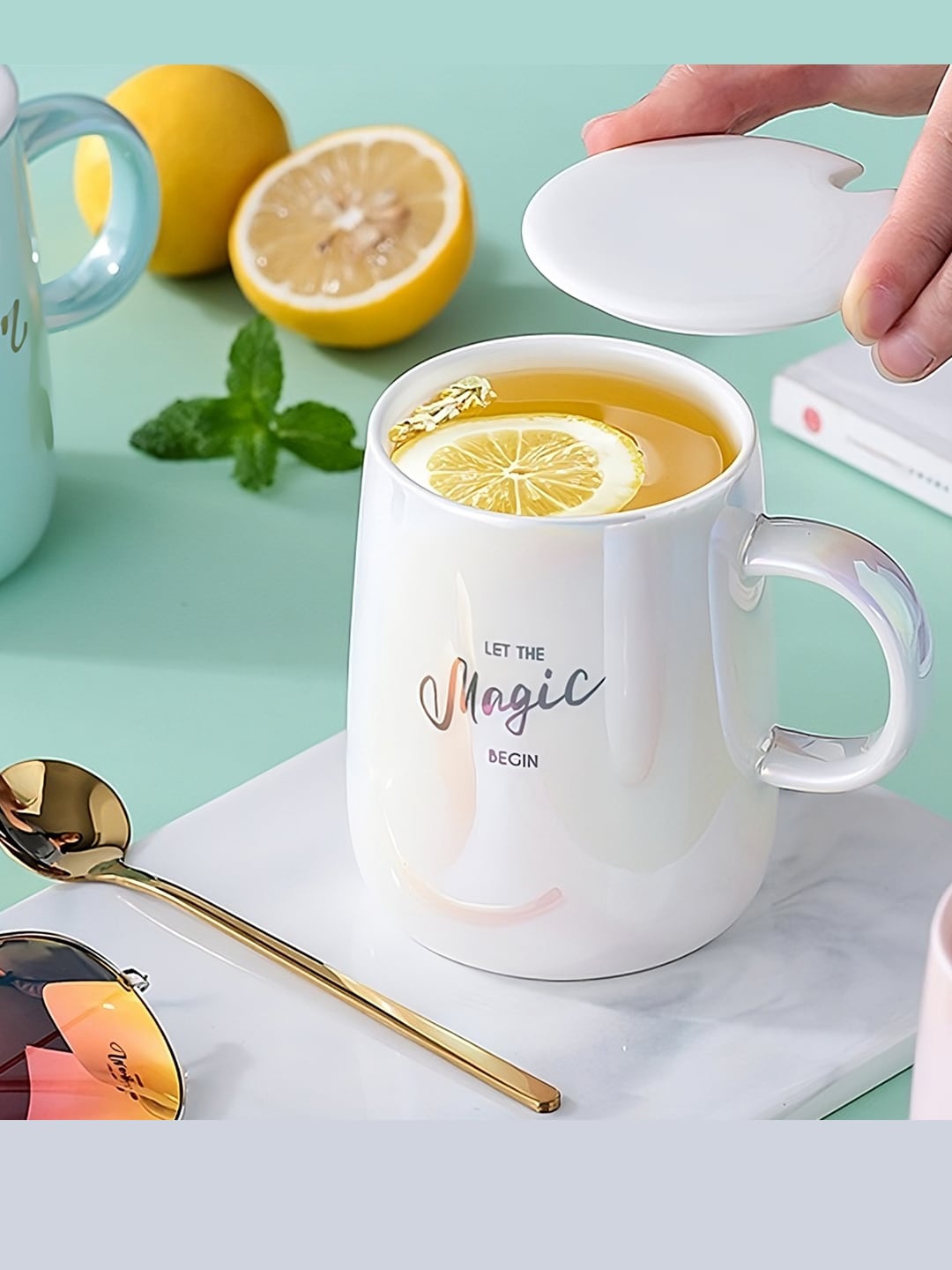 

BonZeaL White Printed Ceramic Glossy Coffee Mug With Lid & Spoon 350 ml