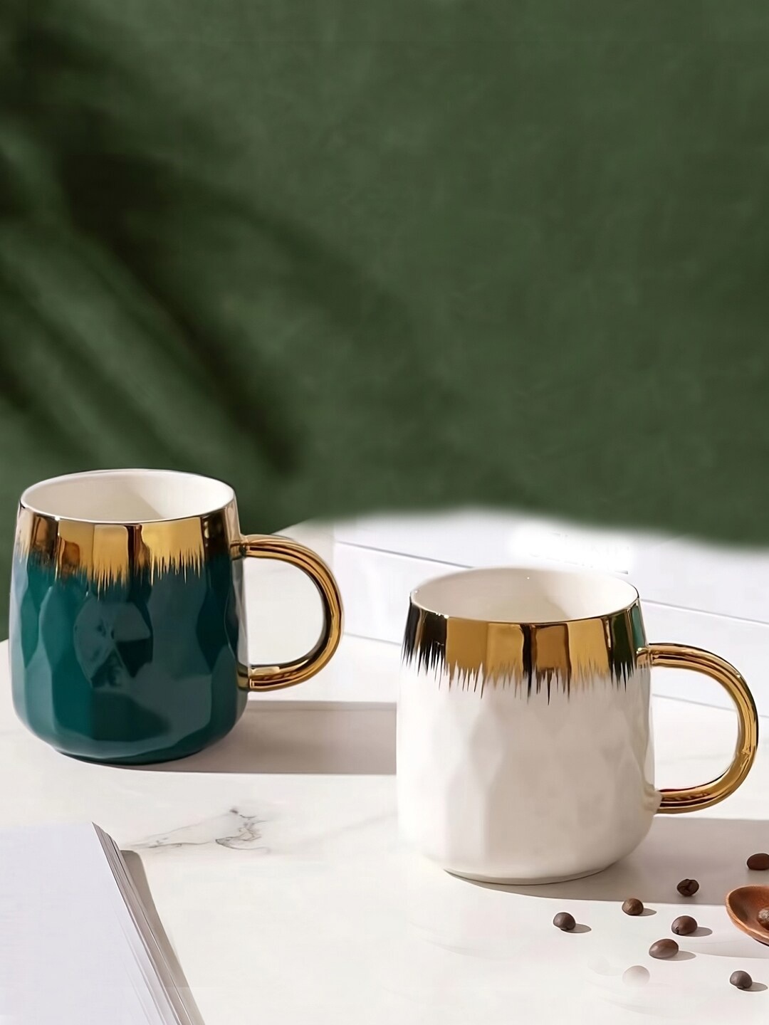 

BonZeaL Teal Blue & Gold Toned 2 Pieces Printed Ceramic Glossy Mugs - 450 ml each