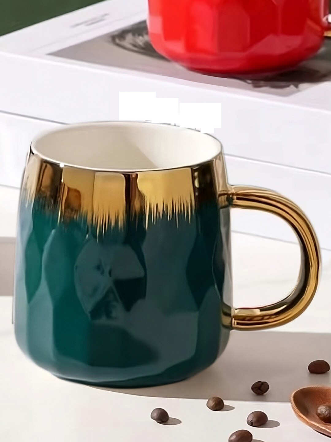

BonZeaL Green & Gold-Toned Textured Ceramic Glossy Mugs - 450 ml