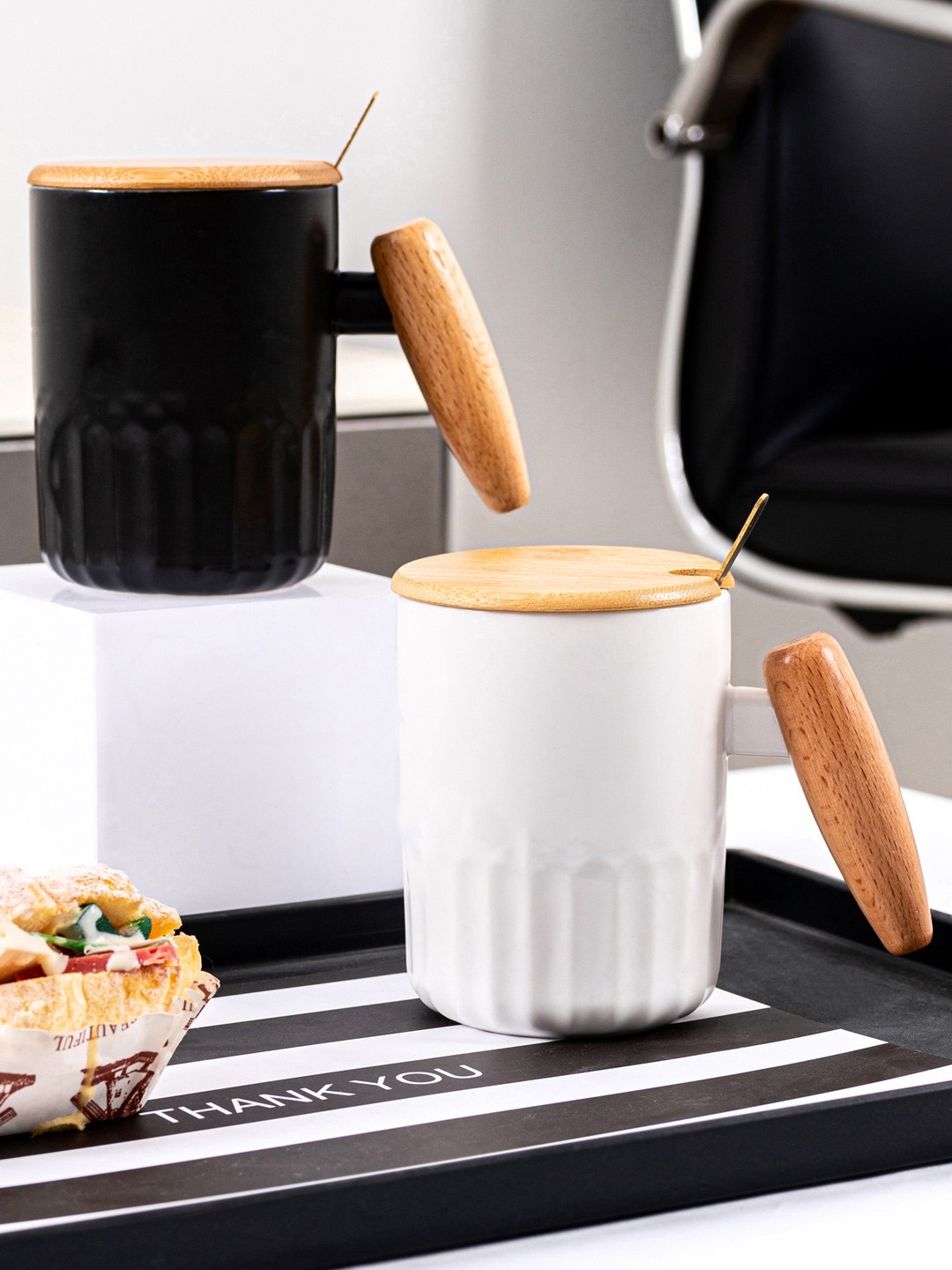 

BonZeaL White & Black 2 Pcs Ceramic Matte Coffee Mug With Wood Lid And Spoon - 400 ml Each