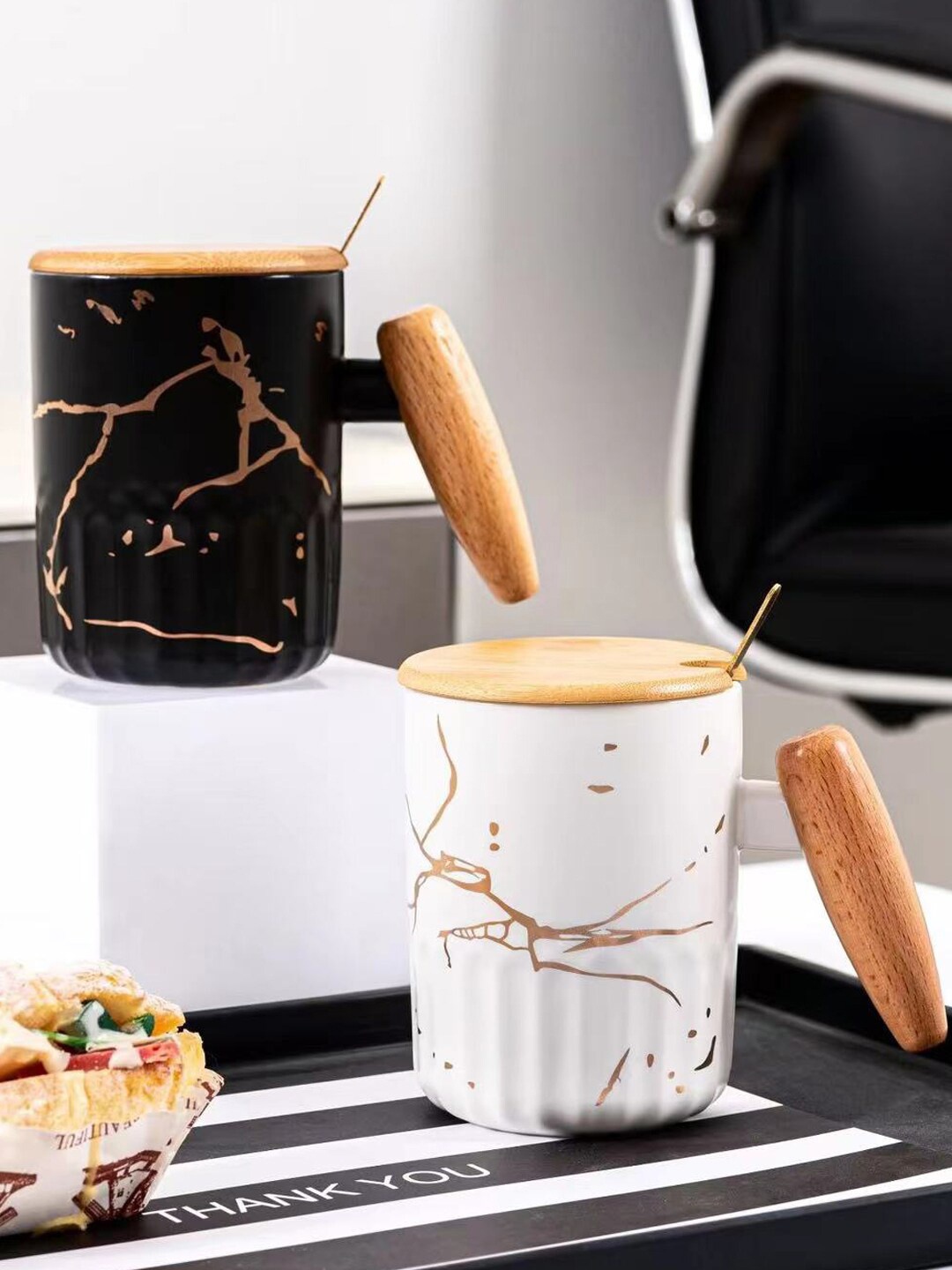 

BonZeaL White 2 Pcs Printed Ceramic Matte Coffee Mug With Wood Lid And Spoon - 400 ml each