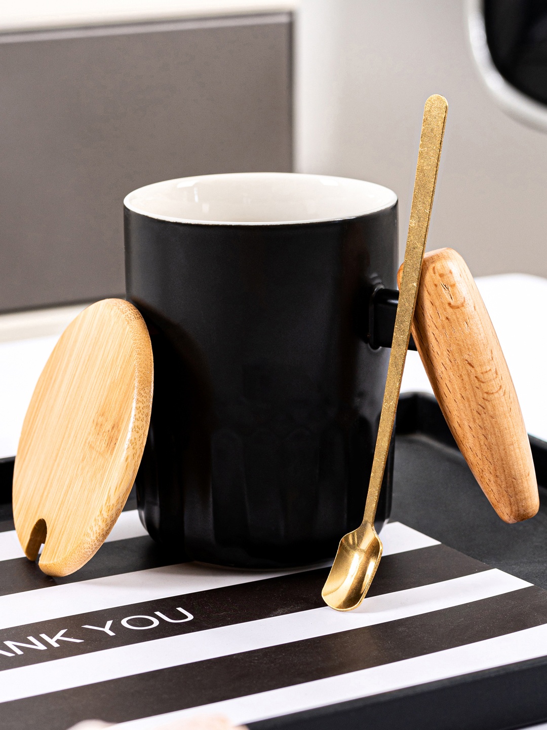 

BonZeaL Black Ceramic Matte Coffee Mug With Wood Lid And Spoon - 400 ml