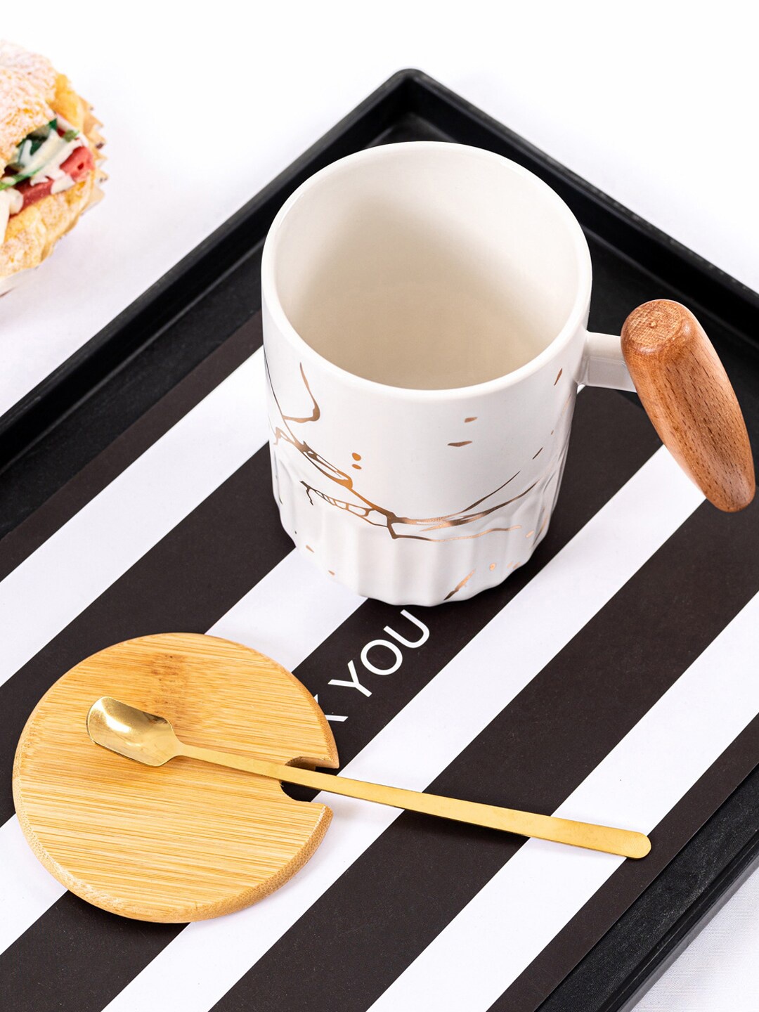 

BonZeaL White & Gold-Toned Printed Ceramic Matte Mug With Wood Lid And Spoon - 400 ml