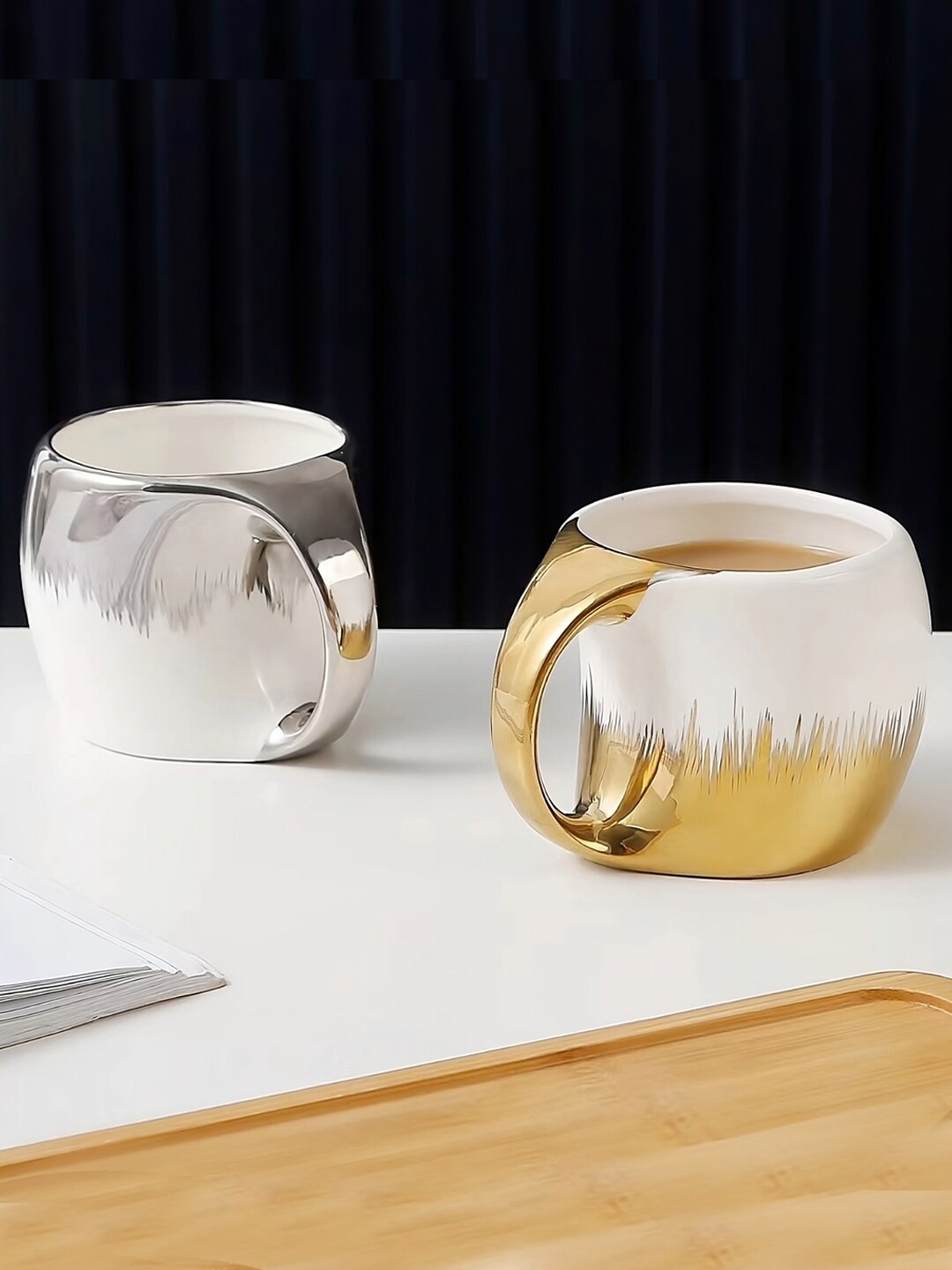 

BonZeaL White & Gold Toned 2 Pieces Colourblocked Ceramic Glossy Mugs - 220 ml Each