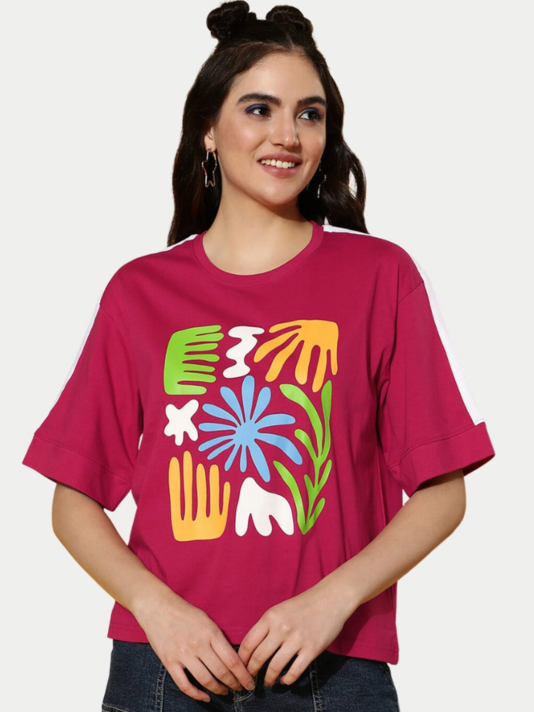 

JUNEBERRY Floral Printed Drop-Shoulder Sleeves Bio Finish Cotton T-Shirt, Magenta