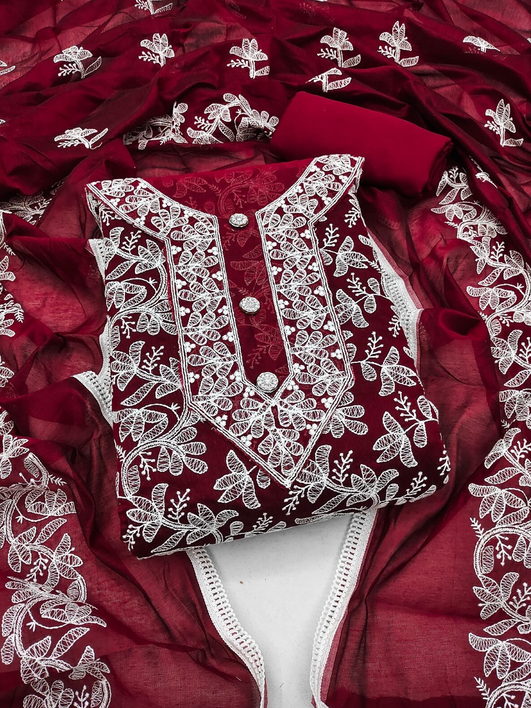 

KALINI Floral Embroidered Chanderi Silk Unstitched Dress Material, Maroon